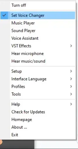 Selecting a specific voice effect like 'Alien' or 'Robot' from the Clownfish Voice Changer effects menu