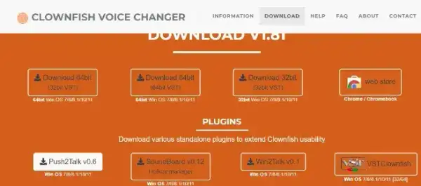 Clownfish Voice Changer website's download page showing available plugins like Push2Talk