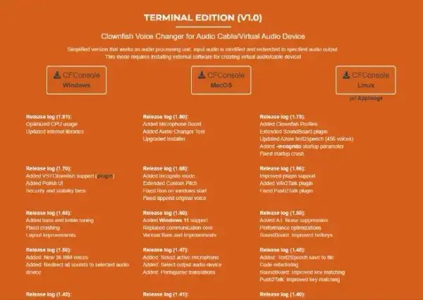 Clownfish Voice Changer official website downloads page highlighting Terminal Edition options for various OS