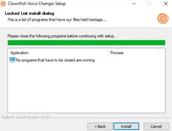 Clownfish Voice Changer installation wizard - Prompt to close interfering programs